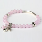 Wholesale Nice Round Pink Jade and Tibet Silver Tube Heart Charm Beaded Bracelet
