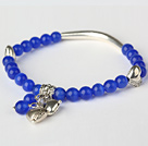 Fashion Round Deep Blue Cats Eye and Tibet Silver Tube Heart Charm Beaded Bracelet
