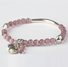 Nice Round Light Purple Cats Eye and Tibet Silver Tube Heart Charm Beaded Bracelet