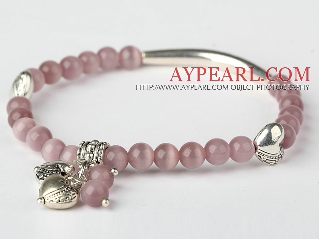 Nice Round Light Purple Cats Eye and Tibet Silver Tube Heart Charm Beaded Bracelet