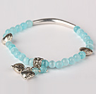 Nice Round Sky Blue Cats Eye and Tibet Silver Tube Heart Charm Beaded Bracelet