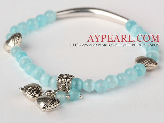 Nice Round Sky Blue Cats Eye and Tibet Silver Tube Heart Charm Beaded Bracelet