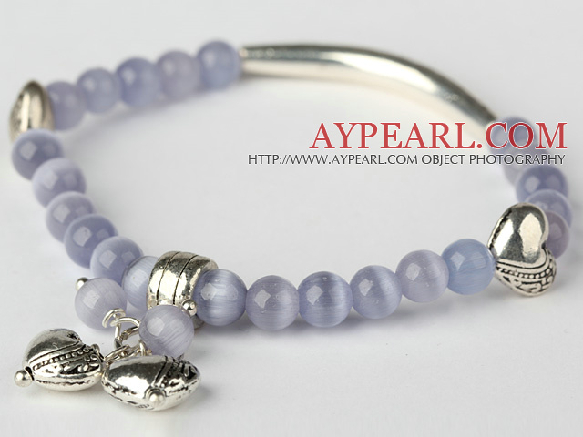 Pretty Round Light Purple Cats Eye and Tibet Silver Tube Heart Charm Beaded Bracelet