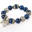 Nice Round Blue Agate Beaded Bangle Bracelet With Tibet Silver Fish Lucky Bag Accessories