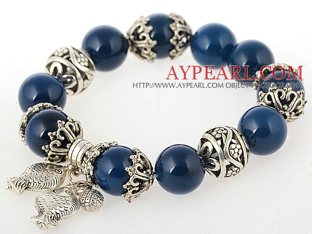 Nice Round Blue Agate Beaded Bangle Bracelet With Tibet Silver Fish Lucky Bag Accessories