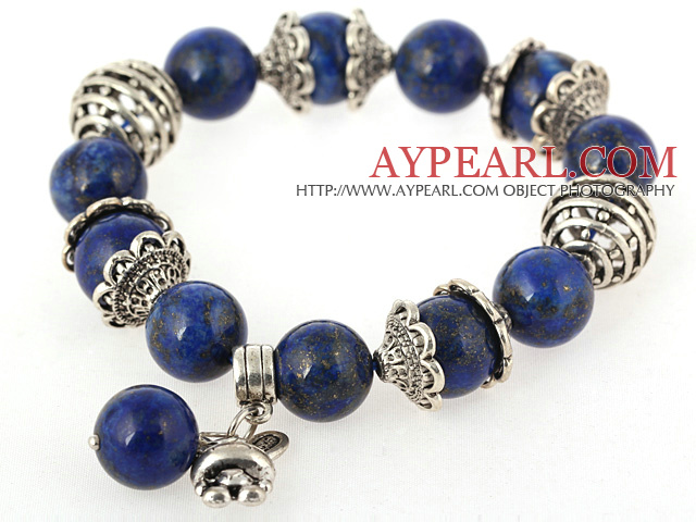 Nice Round Lapis Beaded Bangle Bracelet With Tibet Silver Cap Charm Accessories