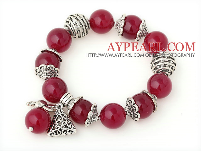 Nice 14mm Round Rose Agate Beaded Bracelet With Tibet Silver Rabbit Ball Cap Charm Accessories