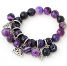 Discount Fashion Faceted Round Purple Banded Agate Beaded Bracelet With Tibet Silver Leaf Triangle Charm Accessories