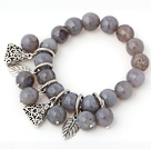 Fashion 12mm Faceted Round Gray Agate Beaded Bracelet With Tibet Silver Triangle Leaf Charm Accessories