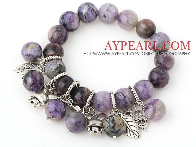 Pretty Round Charoite Beaded Bracelet With Tibet Silver Heart Rabbit Leaf Charm Accessories