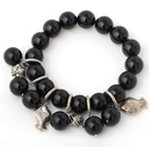 Wholesale Pretty 12mm Round Black Agate Beaded Bracelet With Tibet Silver Fish Charm Accessories