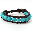 Fashion 8mm Round Blue Turquoise Hand Knotted Brown Leather Wrap Bracelet