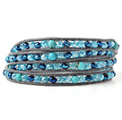 Wholesale Pretty Multilayer Blue Series Jade-Like Crystal Hand-Knotted Gray Leather Wrap Bracelet
