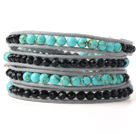 Wholesale Nice Multilayer Green Jade-Like And Black Crystal Hand-Knotted Gray Leather Wrap Bracelet