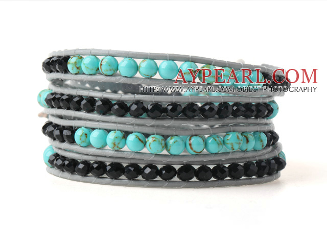 Nice Multilayer Green Jade-Like And Black Crystal Hand-Knotted Gray Leather Wrap Bracelet