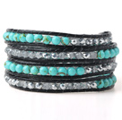 Wholesale Nice Multilayer Green Jade-Like And Gray Crystal Hand-Knotted Black Leather Wrap Bracelet
