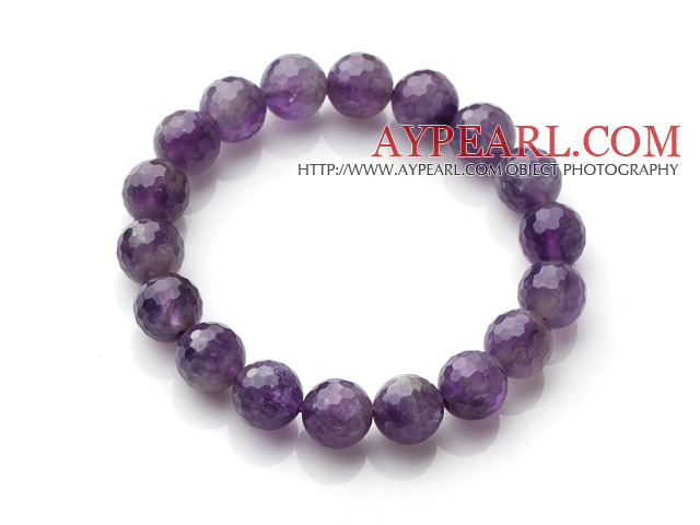 Chic Simple Design Single Strand 10mm Round Natural Faceted Amethyst Beads Elastic Bracelet