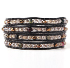 Wholesale Fashion Multilayer Multi Color Jade-Like Crystal Hand-Knotted Brown Leather Wrap Bracelet