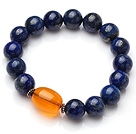 Classic Single Strand Natural Round Lapis And Oval Shape Orange Amber Elastic Bracelet