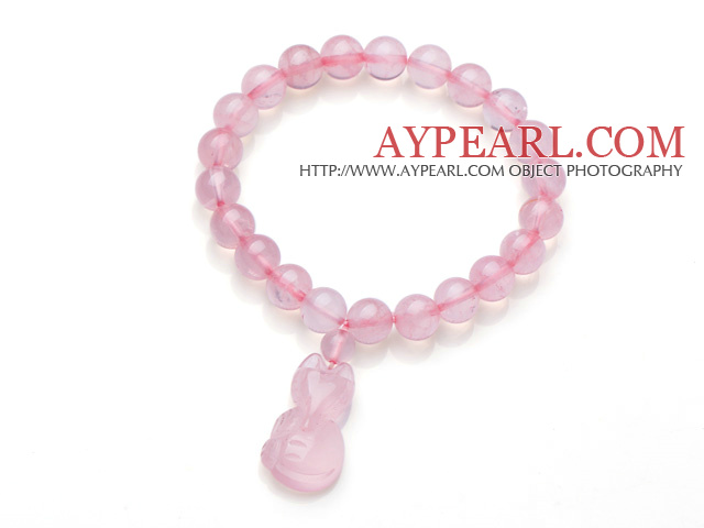Beautiful Round Rose Quartz Beads Elastic Bracelet With Fox Pendant