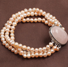 Fashion Three Strand Natural Pink Pearl Bracelet With Rose Quartz Clasp