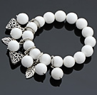 Charming 12mm Round White Porcelain Stone Beaded Bracelet With Tibet Silver Triangle Leaf Charm Accessories