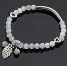 Beautiful Round Gray Cats Eye And Tibet Silver Tube Heart Leaf Charm Beaded Bracelet