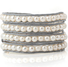 Fashion Multilayer Natural 5-6mm White Freshwater Pearl Hand-Knotted Gray Leather Wrap Bracelet