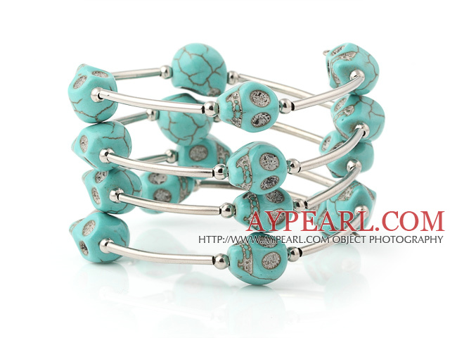 Charming Multilayer Blue Skull Turquoise Wired Wrap Bangle Bracelet