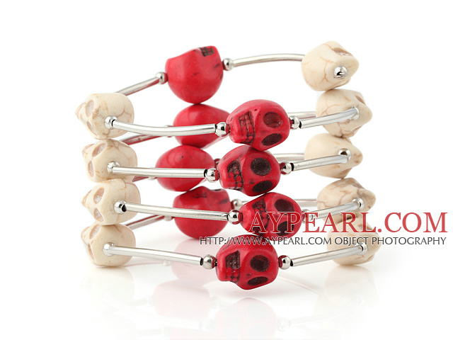 Charming Multilayer White And Red Skull Turquoise Wired Wrap Bangle Bracelet