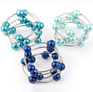 Fashion 3 Pcs 12mm Blue Series Round Seashell Beads Wired Wrap Bangle Bracelet