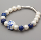 Elegant A Grade Natural White Freshwater Pearl Lapis And Carved Flower Porcelain Bracelet With Tube Charm