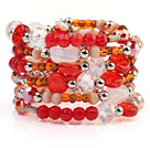 Fashion Multilayer White Blister Freshwater Pearl And Multi Color Crystal Wired Wrap Bangle Bracelet With Silver Color Round Beads