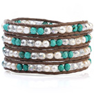 Fashion Multilayer 4mm Blue Turquoise White Freshwater Pearl And White Crystal Brown Leather Wrap Bracelet