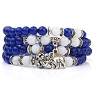 Lovely Multilayer Round Deep Blue Candy Jade And White Porcelain Beads Stretch Bangle Bracelet With Tibet Silver Elephant Charms