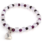 Lovely Faceted Round Purple Agate And White Square Crystal Beads Bracelet With Heart Charm