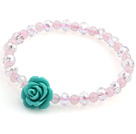Lovely Round Rose Quartz And Faceted White Crystal Beads Green Flower Bracelet