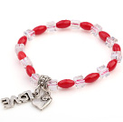 Discount Nice Oval Red Coral And White Square Crystal Beads Bracelet With Love Heart Charms