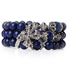 Fashion Style Popular Multi Strands Natural Round Lapis Beads Bracelet With Tibet Silver Cross Accessory