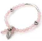 Wholesale Lovely Faceted Round Rose Quartz Beaded Bracelet With Tibet Silver Tube Heart And Leaf Charm Accessories