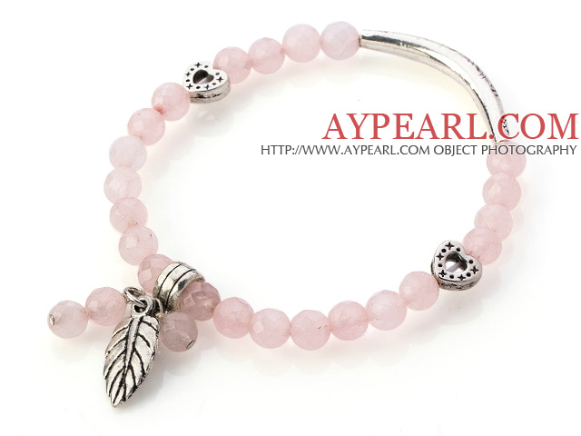 Lovely Faceted Round Rose Quartz Beaded Bracelet With Tibet Silver Tube Heart And Leaf Charm Accessories