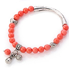 Wholesale Lovely 7mm Round Pink Coral Beaded Bracelet With Tibet Silver Tube Heart And Lucky Bag Charms