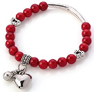 Wholesale Lovely 7mm Round Red Coral Beaded Bracelet With Tibet Silver Tube Heart And Lucky Bag Charms