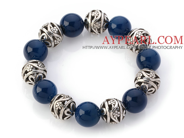 Fantastic 14mm Round Blue Agate And Hollow Tibet Silver Ball Elastic Beaded Bracelet