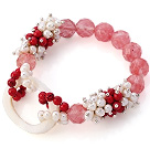 Wholesale New Design Cluster White Freshwater Pearl And Round Bloodstone And Facted Round Cherry Quartz Hollow White Shell Connected Stretch Bracelet
