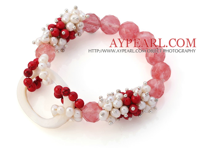 New Design Cluster White Freshwater Pearl And Round Bloodstone And Facted Round Cherry Quartz Hollow White Shell Connected Stretch Bracelet