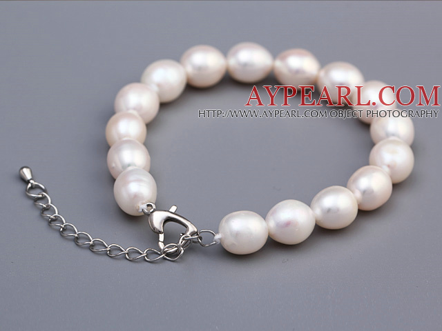 Lovely 9-10mm White Rice Shape Freshwater Pearl Beaded Bracelet With Heart Clasp