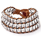 Wholesale Pretty Hand-Knotted Multilayer Round Clear Crystal Brown Leather Wrap Bracelet With Red Agate Clasp