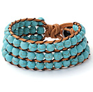 Wholesale Pretty Hand-Knotted Multilayer 6mm Round Blue Turquoise Brown Leather Wrap Bracelet