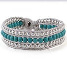 Wholesale Fashion 4mm Hand-Knotted Multilayer Round Blue Turquoise And Silver Beads Leather Wrap Bracelet